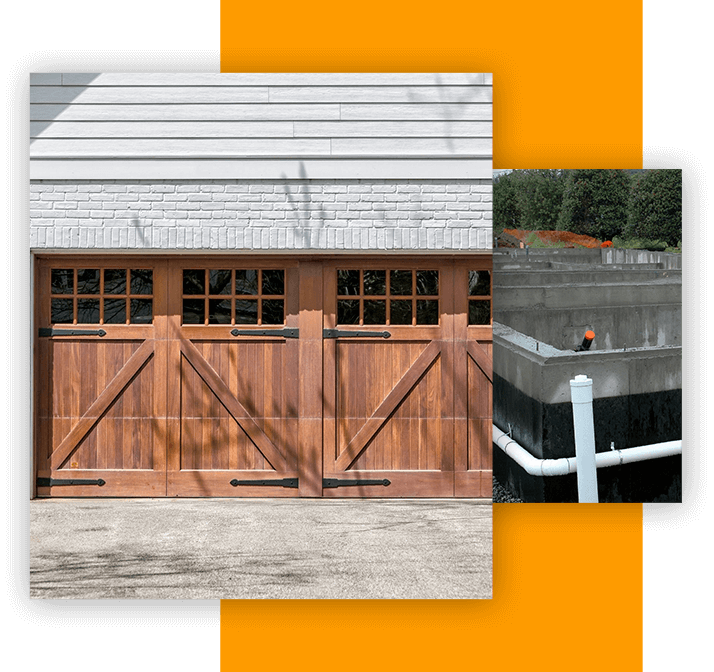 A picture of a garage door and the outside of a building.